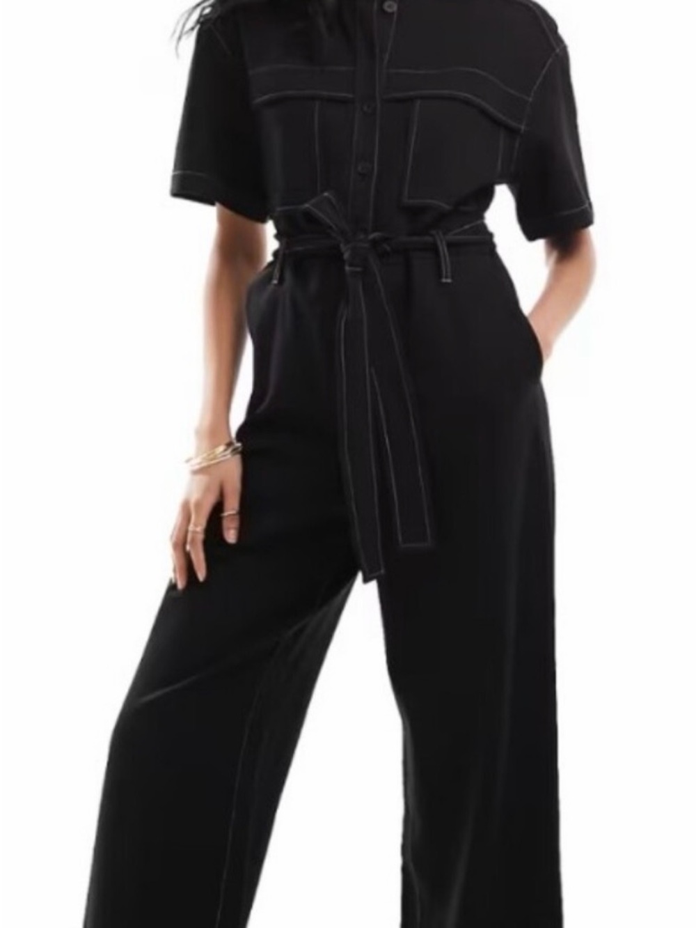 & Other Stories Paris Atelier Black Belted Jumpsuit with contrast stitching